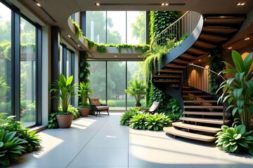 Fototapeta premium Modern Interior Design with Spiral Staircase and Lush Indoor Greenery