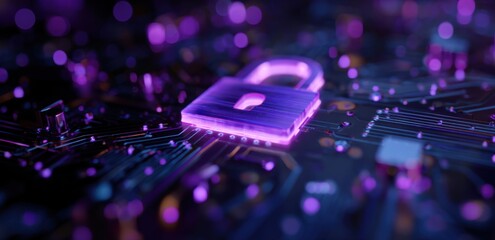 A glowing purple padlock icon sits atop a circuit board.  Digital security concept