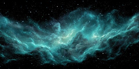 Fototapeta premium Vast expanse of a swirling turquoise nebula, scattered with distant stars