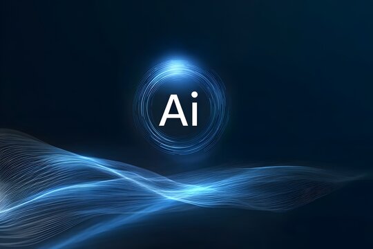 AI logo with a glowing blue light, set against a digital waves background. 3D rendering, 