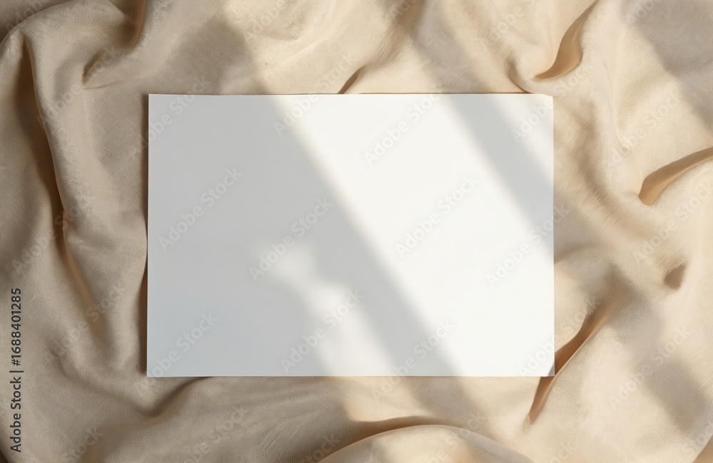 Poster blank white paper rests on beige wrinkled fabric background with soft light shadows. top view flat l