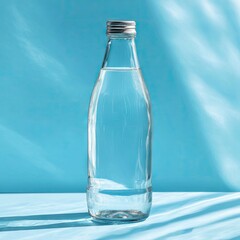 A clear glass bottle, partially filled with water, sits on a light blue fabric against a similarly hued background, bathed in soft sunlight