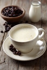 Creamy beverage in a white cup on a saucer, alongside coffee beans in a wooden bowl and milk in a glass, all on weathered wood