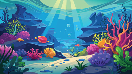 Obraz premium An vibrant underwater cartoon drawing of a coral reef with tropical fish and plants