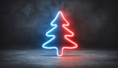Neon Christmas tree, split red & blue, on dark concrete