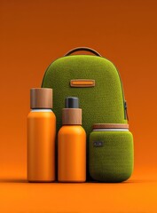 Green backpack & orange toiletries