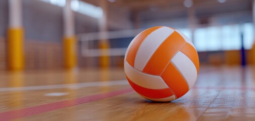 The vibrant volleyball resting on a polished gym floor ready for action.
