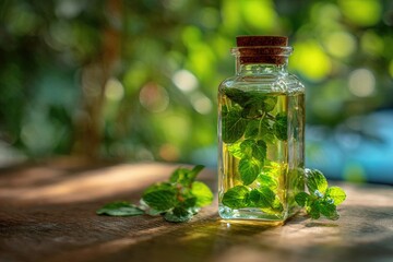 A clear glass bottle with a cork stopper, filled with light-yellow liquid and fresh green leaves, rests on a wooden surface outdoors in dappled sunlight
