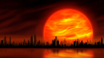 A surreal melting cityscape under an oversized sun, distorted by intense heat waves.