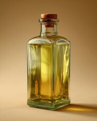 A clear glass bottle with a cork stopper, filled with translucent golden liquid, sits on a muted beige background, casting a subtle shadow