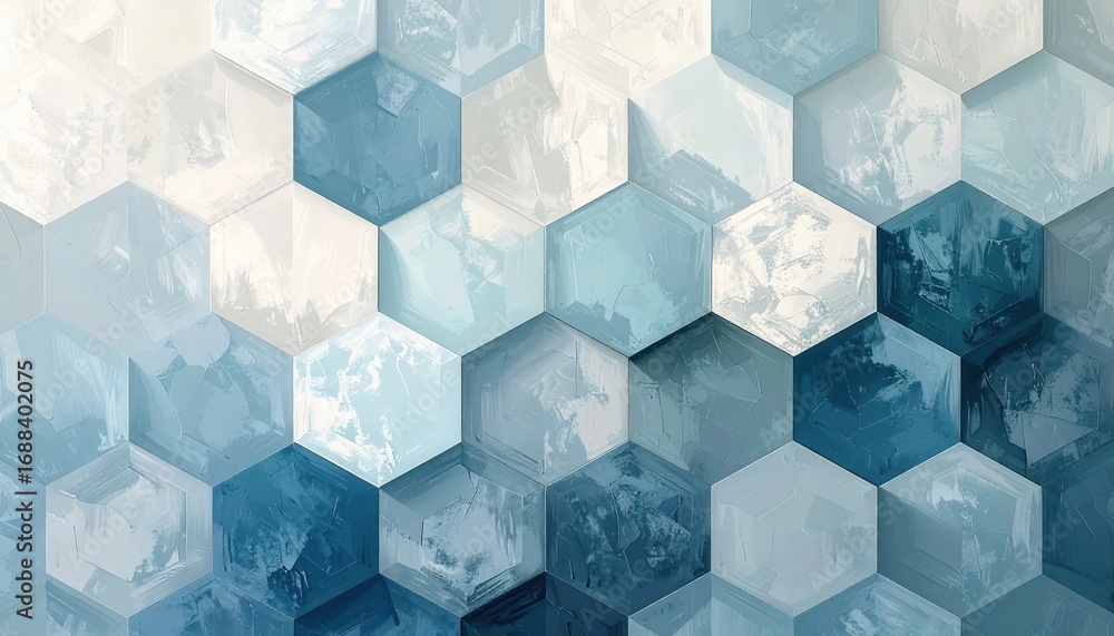 Poster a geometric pattern of hexagonal shapes, exhibiting a gradient of light and dark shades of blue and 