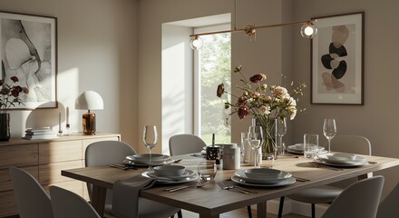Dining room interior with wooden table and floral arrangement