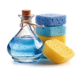 A clear glass bottle with a cork stopper, tied with twine, contains light blue liquid. Beside it sits a stack of three colorful cellulose sponges blue, light blue, and yellow