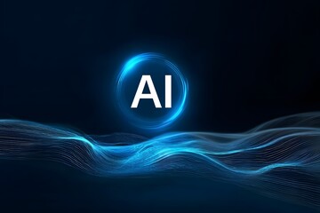 Naklejka premium AI logo with a glowing blue light, set against a digital waves background. 3D rendering, 