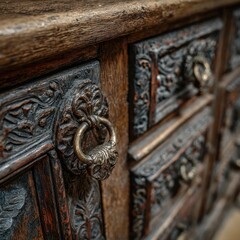 Close-up of antique wooden cabinet with intricate carvings and brass pulls