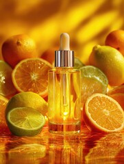 A clear glass bottle with a dropper, filled with golden liquid, sits amidst halved and whole citrus fruits on a reflective surface, bathed in warm, golden light