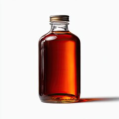 A clear glass bottle with a gold cap contains a dark amber liquid, casting a shadow on a white background