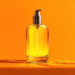 A clear glass bottle with a gold pump dispenser, filled with bright yellow liquid, sits against a vibrant orange background, casting a subtle shadow