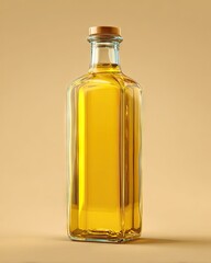 A clear glass bottle with a gold-toned cap, filled with light amber liquid, sits on a pale yellow background.  The bottle has slightly squared shoulders and a rectangular body