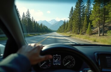 Point-of-view driving a car on a highway through a forest with mountains in the distance. Conveying motion, travel, and adventure on an open road with blurred trees and clear skies.