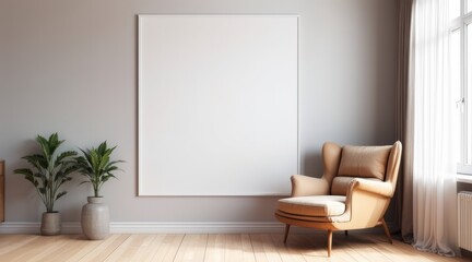 Poster frame mockup above sofa in beige minimalist living room with copy space