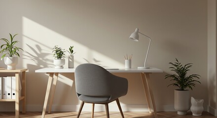 Home office desk with plants and lamp