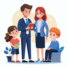 Professional female attorney consulting family on child custody case vector illustration symbolizing legal advice, justice, support, guidance, family law