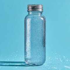 A clear glass bottle with a silver lid, covered in condensation, sits on a light blue background, casting a shadow; water droplets are scattered around its base
