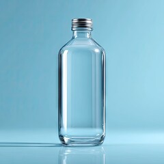 A clear glass bottle with a silver metallic cap stands on a light blue background, subtly reflecting light