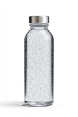 A clear glass bottle with a silver metal cap, filled with sparkling water, casts a subtle shadow on a white background