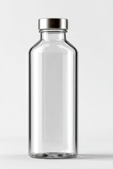 A clear glass bottle with a silver screw-top lid stands on a white background, showcasing its simple, elegant design