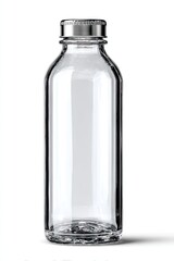 A clear glass bottle with a silver screw-top cap, standing upright against a white background, showcasing its simple, elegant design