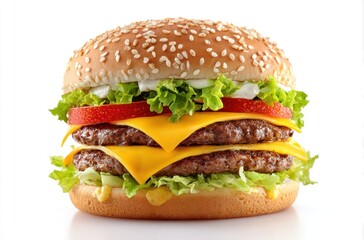A double cheeseburger with sesame bun, lettuce, tomato, and cheese, isolated on white with a glossy sheen