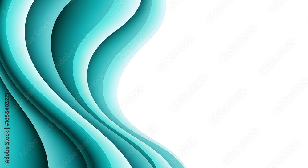 Poster abstract teal waves flowing from left to right against a white background creating a sense of moveme
