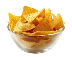 A clear glass bowl overflows with crispy, golden-yellow tortilla chips, showcasing their triangular shape and textured surface against a stark white background