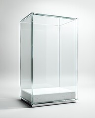 A clear glass cube display case with a small, white, square base sits on a light gray surface.  The cube is empty, suggesting potential for display