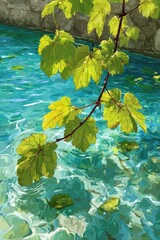 Grape leaves over turquoise water