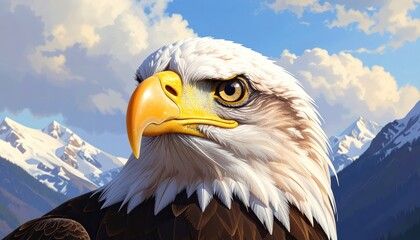Obraz premium Close-up of a majestic bald eagle, its head and chest against a backdrop of snow-capped mountains and a vibrant sky, showcasing detailed plumage and keen eyes.
