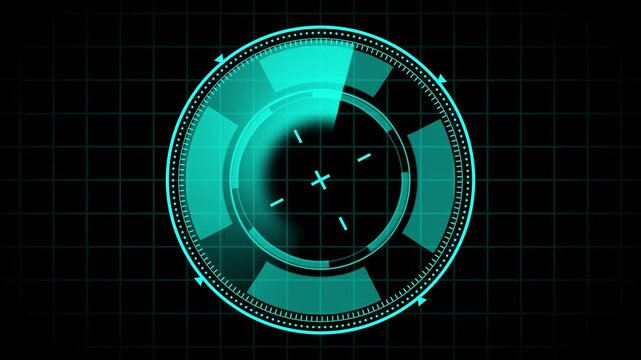 Futuristic HUD teal interface animation rotating circular scanner seamless loop 4k ultra hd. Animated futuristic teal HUD interface circular scanner loop abstract motion graphics.
