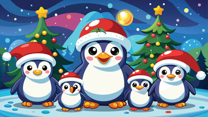 Cute cartoon penguins playing in the snow near a Christmas tree with a snowman and Santa hats on for a fun winter holiday card illustration