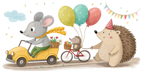 watercolor woodland animals elephant car hedgehog bicycle with balloons and bunting cheerful children illustration