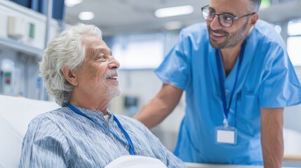 Obraz premium A healthcare professional engages in a friendly conversation with an elderly patient in a well-lit hospital room. The atmosphere is comfortable, promoting a supportive connection during the visit.