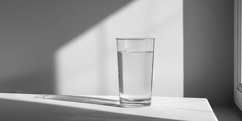 A clear glass of water sits on a white surface, bathed in sunlight casting a strong shadow