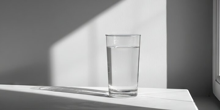 A clear glass of water sits on a white surface, bathed in sunlight casting a strong shadow