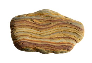 Close-up of a uniquely patterned rock against a transparent background. A captivating rock specimen with intricate, layered patterns of various shades of beige, brown, and orange.