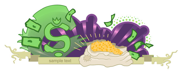 Casino background, a bag with money and coins. Jackpot casino lotto label background win sign. Illustration	