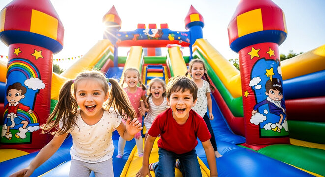 Joyful children gleefully slide down a vibrant inflatable bouncy castle their faces beaming with excitement and laughter on a sunny day