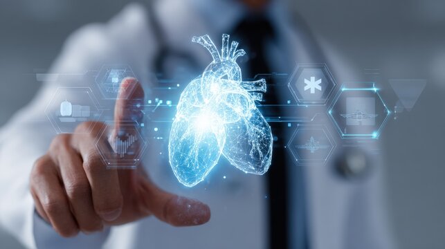 A healthcare professional is using a digital interface to monitor patient health statistics and medical data in a high-tech medical facility during the daytime - Powered by Adobe