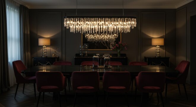 A formal dining room with a long glossy black table, velvet upholstered chairs, and a massive modern crystal chandelier. Dramatic and moody, with accent lighting.