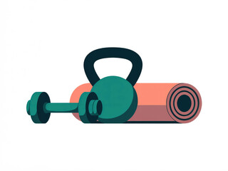 Naklejka premium Fitness equipment set with kettlebell, dumbbell and yoga mat, colorful vector illustration for gym, workout, exercise training, healthy lifestyle, sports accessories isolated on white background